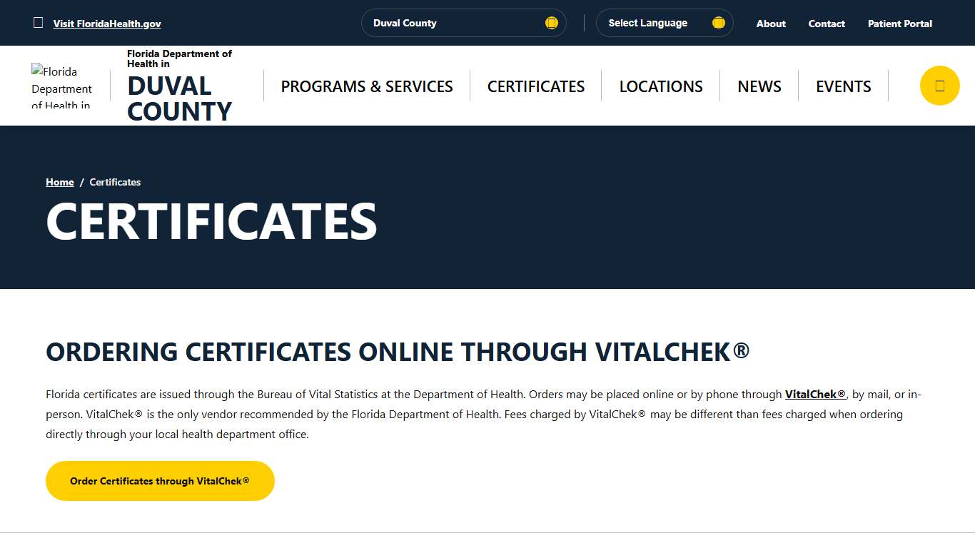 Certificates - Florida Department of Health in Duval County